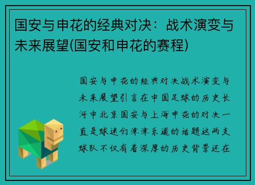 国安与申花的经典对决：战术演变与未来展望(国安和申花的赛程)