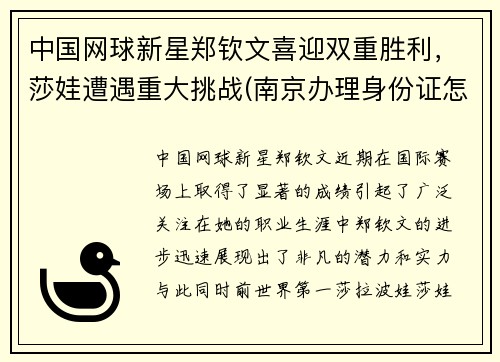 中国网球新星郑钦文喜迎双重胜利，莎娃遭遇重大挑战(南京办理身份证怎么预约)